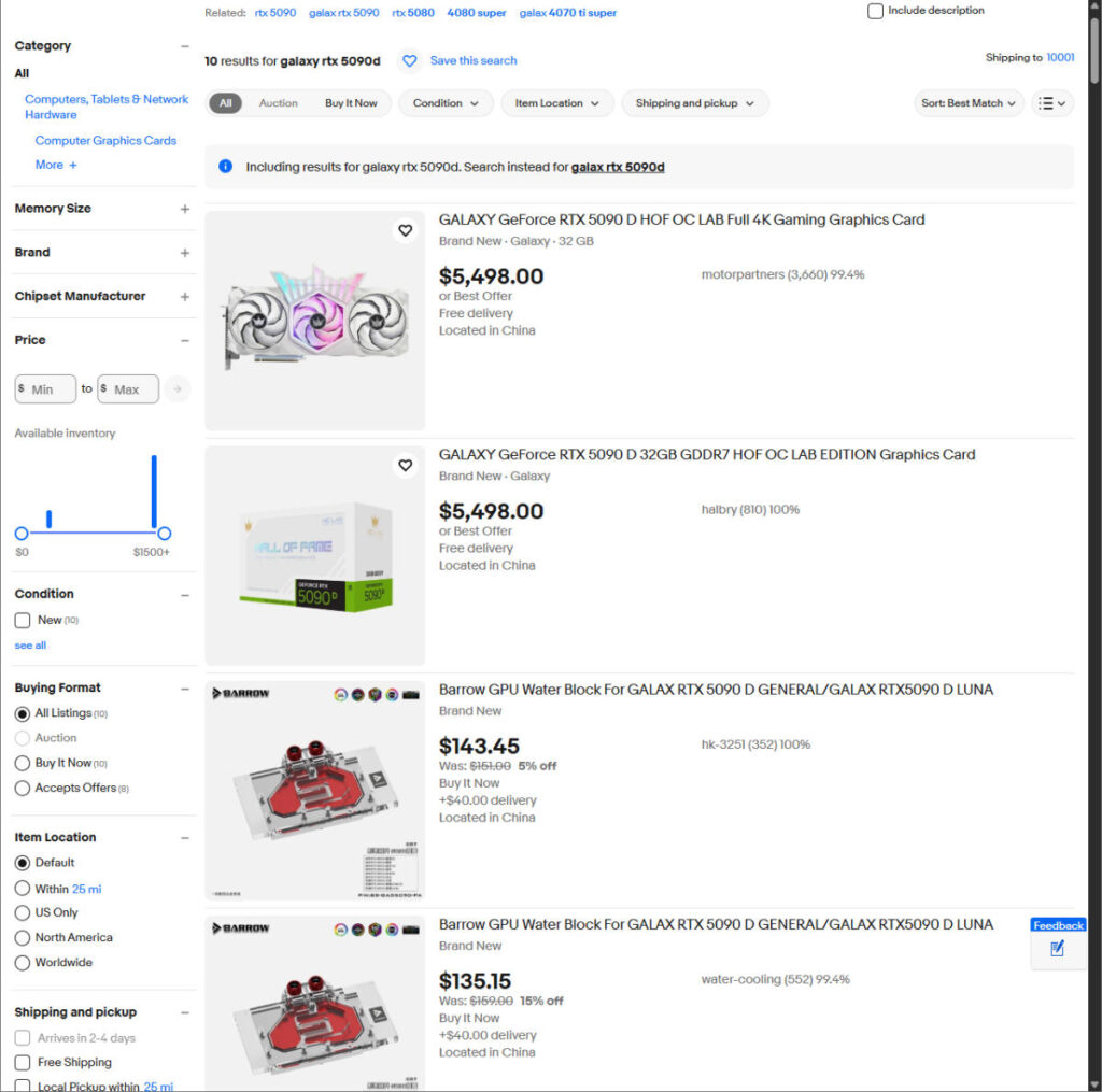 A list of ebay listings for the RTX 5090D. The first is the Galaxy HOF OC LAB for $5,498 and the second is the same.