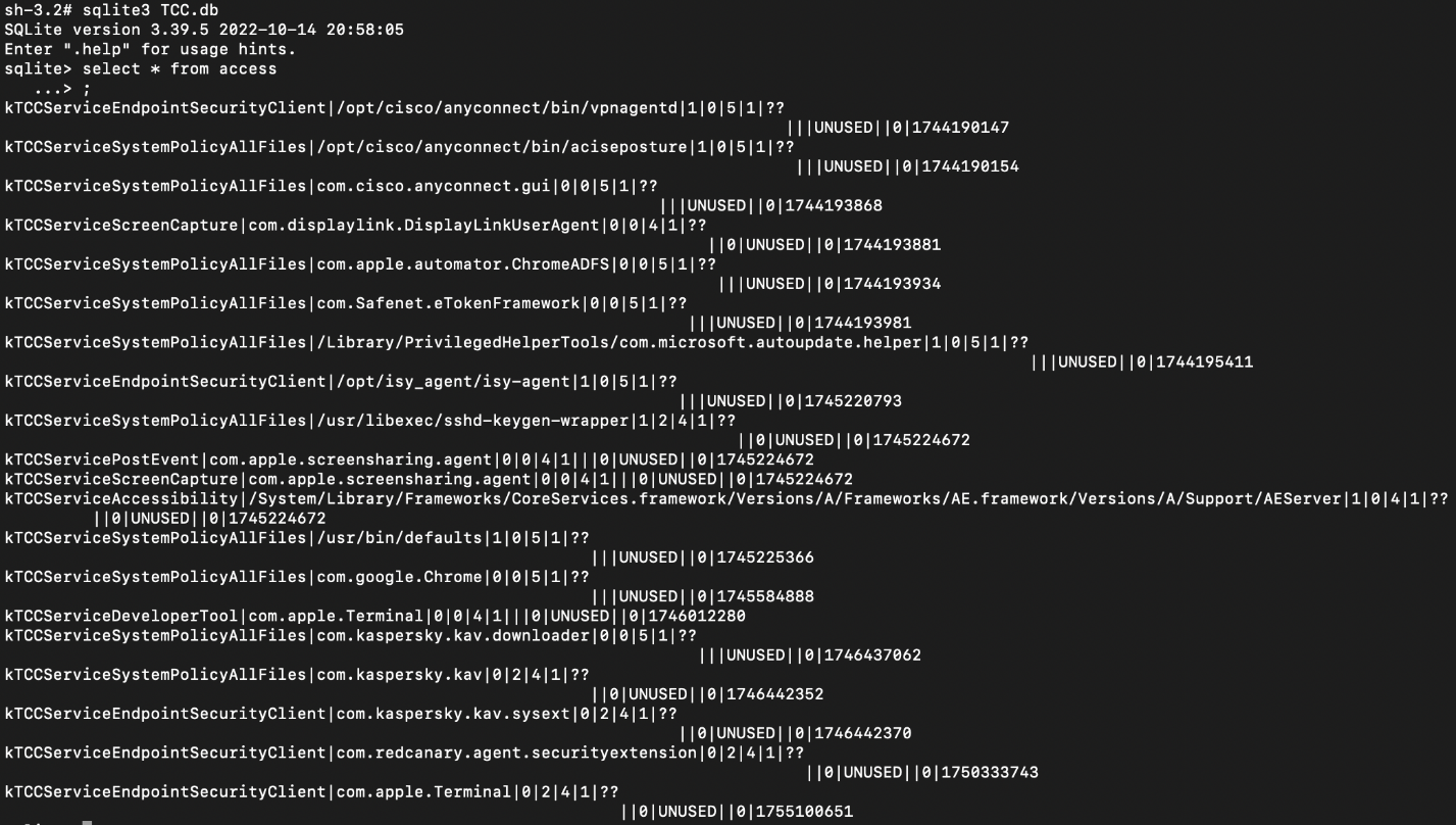 Contents of a table in the TCC database