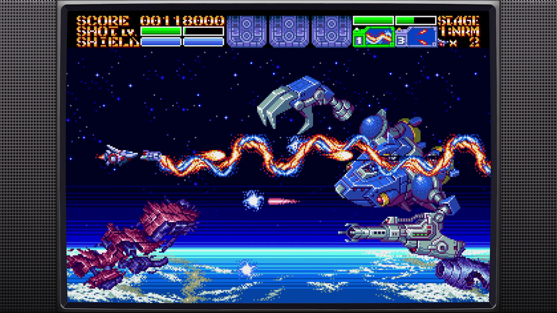 A shop does battle with a large flying mech above the earth.