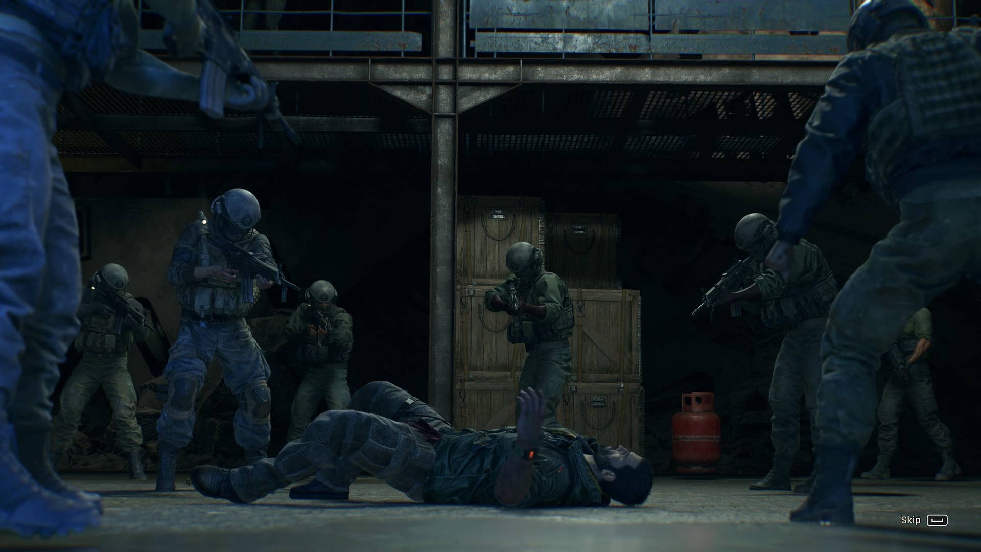 Crane lies on the ground, surrounded by armed mercenaries, in Dying Light: The Beast.