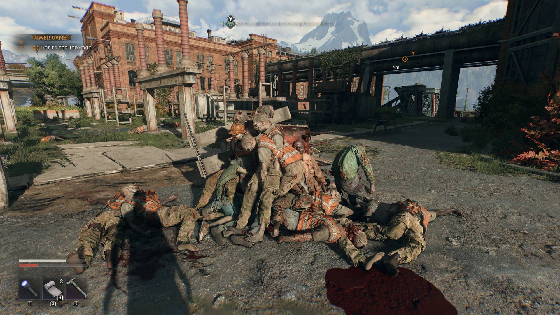 A pile of zombie corpses piles up around a spike trap in Dying Light: The Beast.