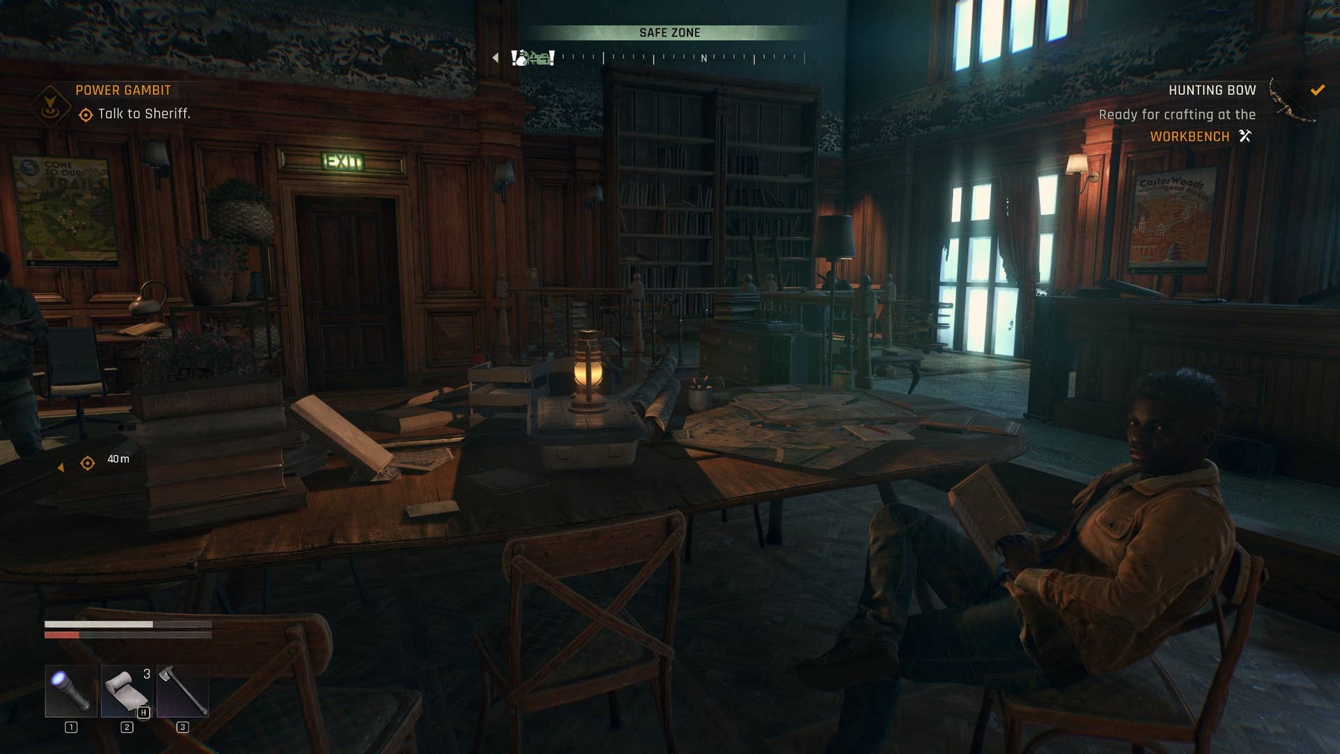 Resistance fighters sit/stand around a town hall office in Dying Light: The Beast.