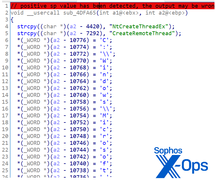 A screen showing the load and execution of the final payload, with a great deal of obfuscation visible