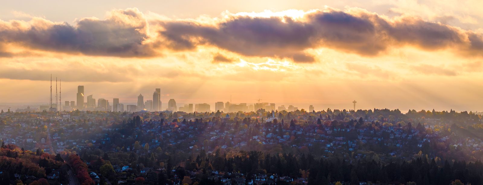 Aerial Seattle Downtown and Capitol Hill Sunrays