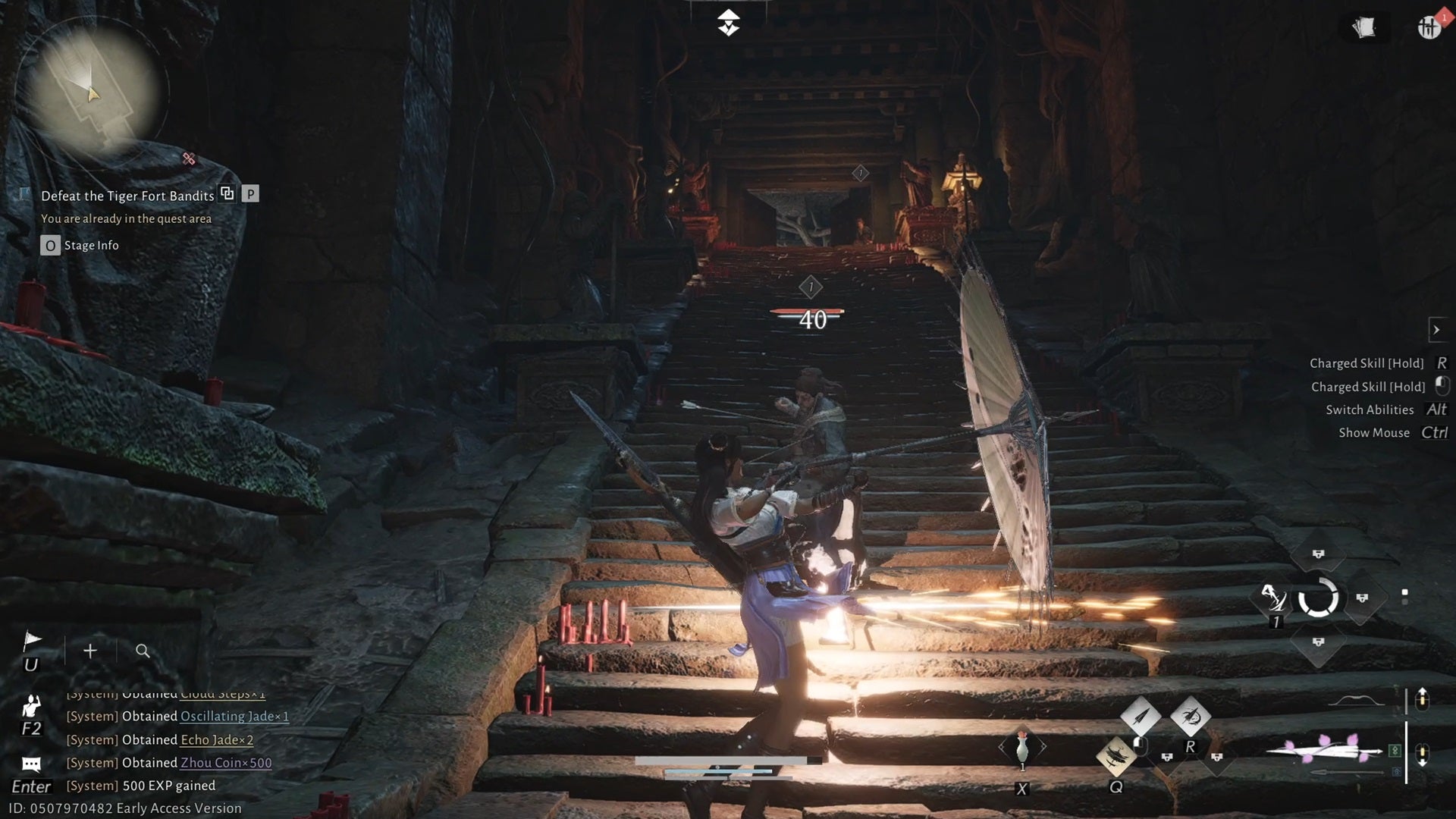 Using a parasol to deflect a bandit's attack in one of Where Winds Meet's underground dungeons.