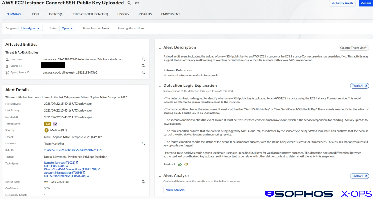 A screenshot of a Sophos XDR (Taegis) detections relating to uploading an SSH public key to an EC2 instance