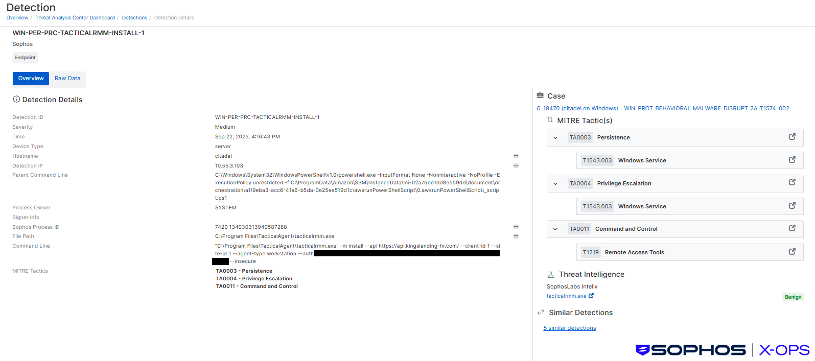 A screenshot of a Sophos XDR detection relating to installation of Tactical RMM